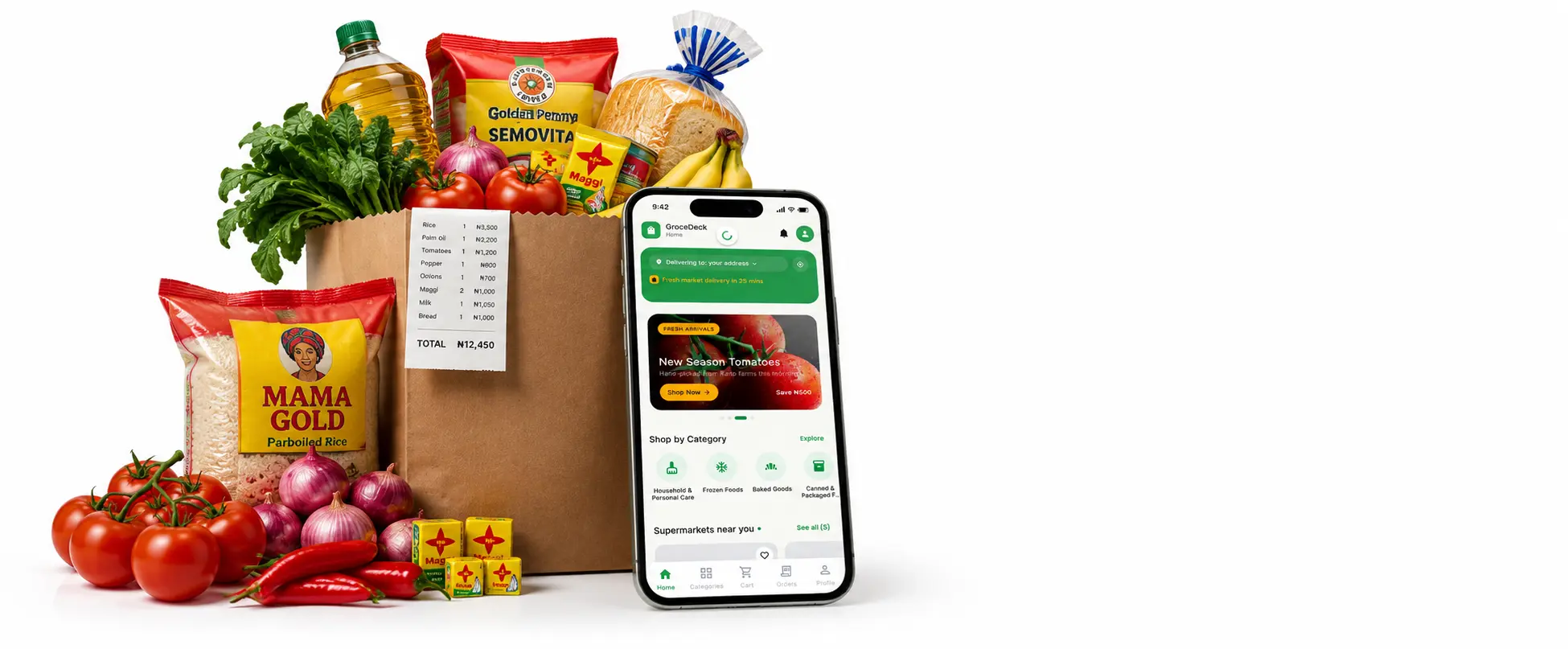 Groceries in a paper bag next to a phone showing the GroceDeck app