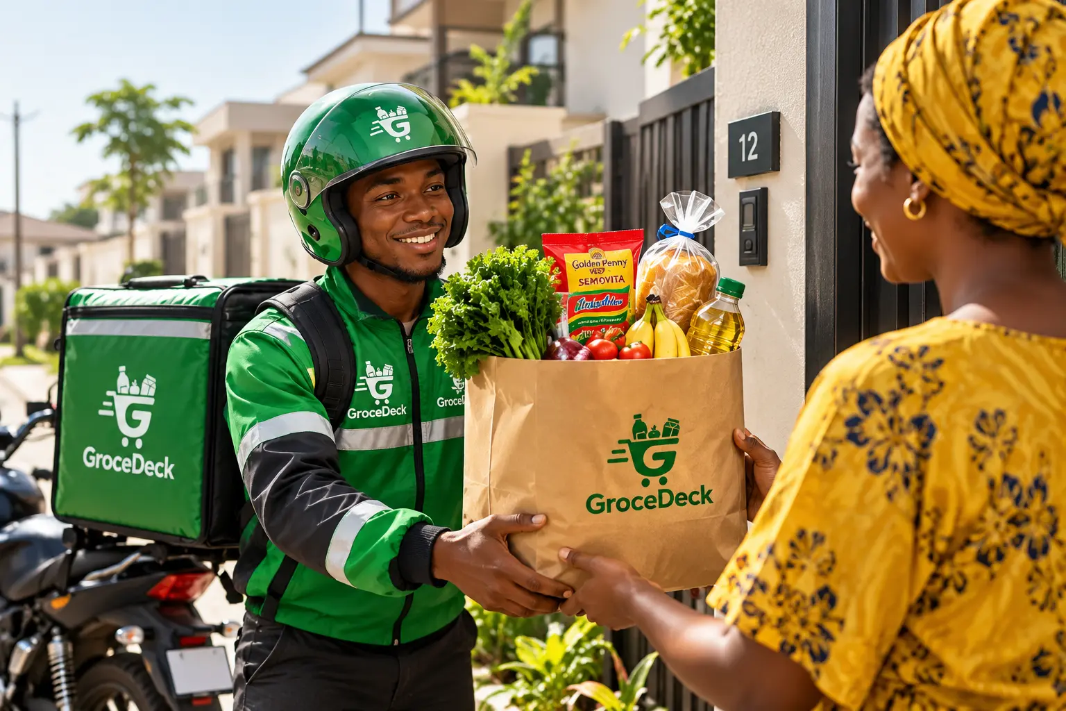 A GroceDeck delivery rider handing a bag of groceries to a customer