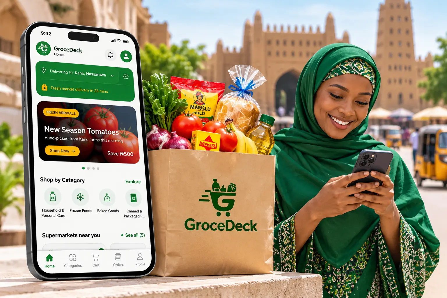 A happy GroceDeck customer holding her phone and a bag of groceries